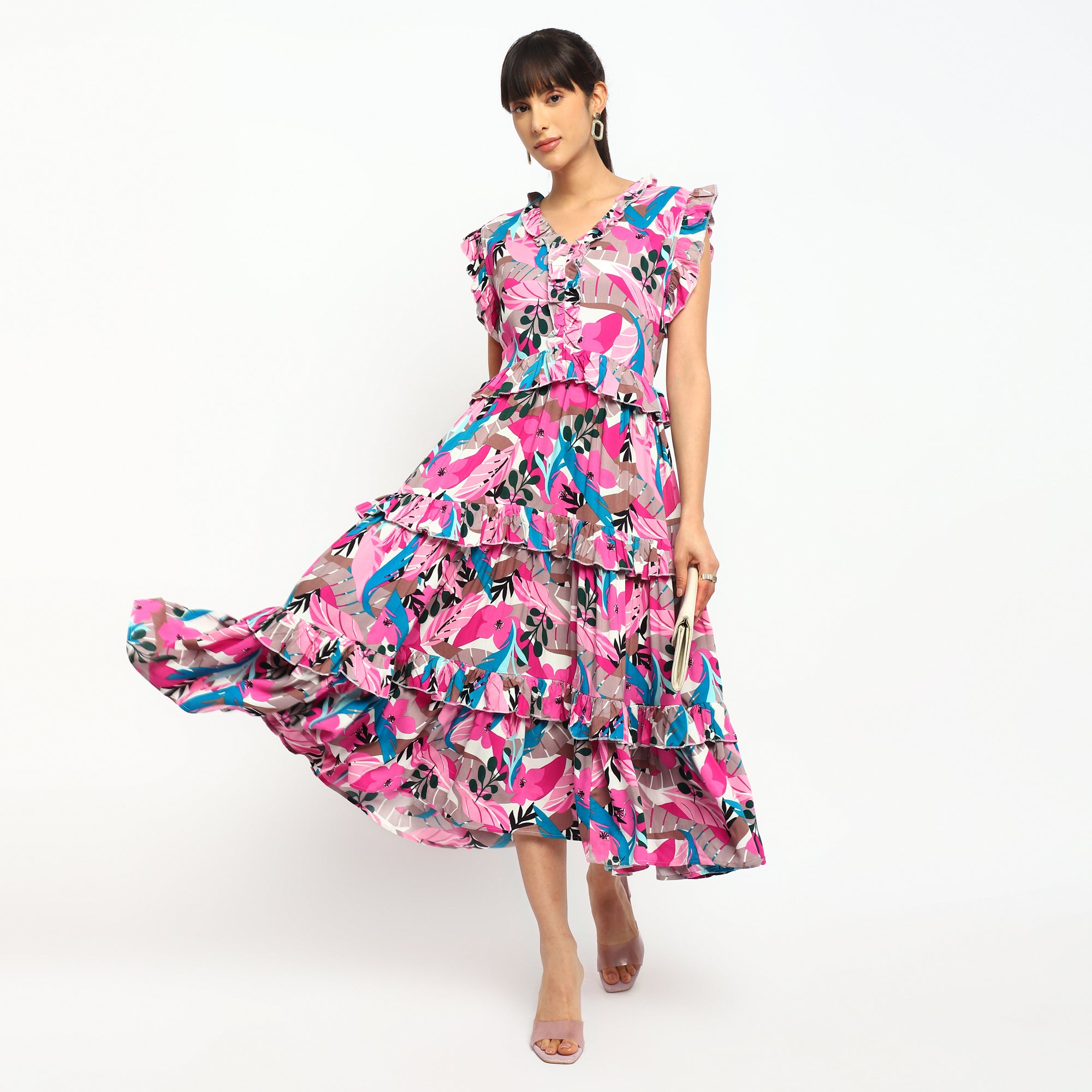 Pink Tropical Tiered Maxi Dress